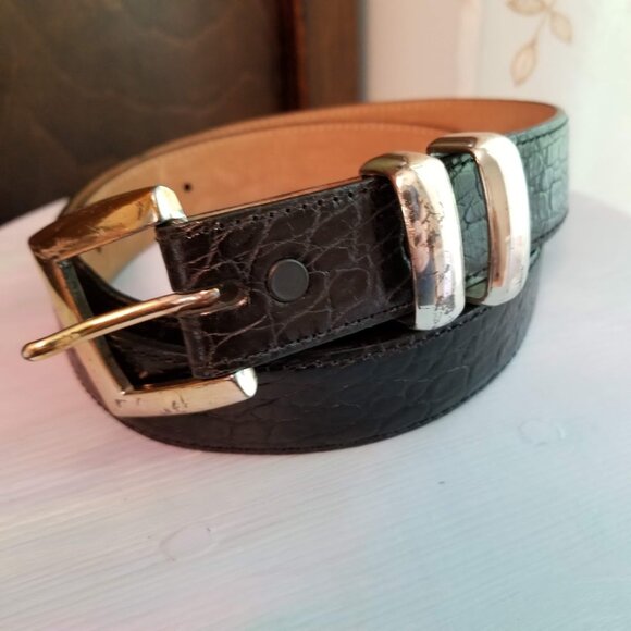 WCM New York Black Leather Belt, Mock Reptile Alligator Croc Print, Size Large - Picture 1 of 13